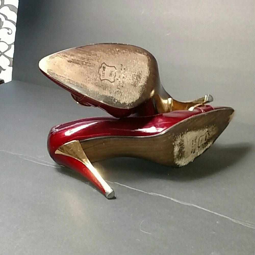 Stuart Weitzman Dark Red with Gold Buckle Heels - Picture 5 of 8